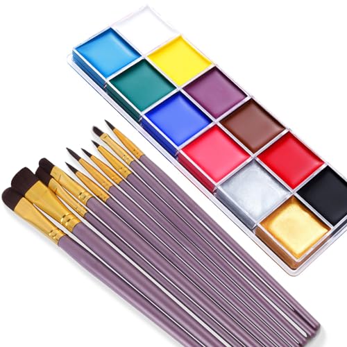 VOLLUCK Face Paint Kit with 12 Colors & 10 Brushes - Safe Body & Face Makeup for Halloween & Parties