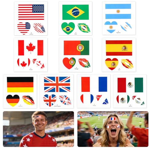 Achoulei Soccer Fan Temporary Tattoos - 10 Countries Flag Stickers for 2026 World Cup