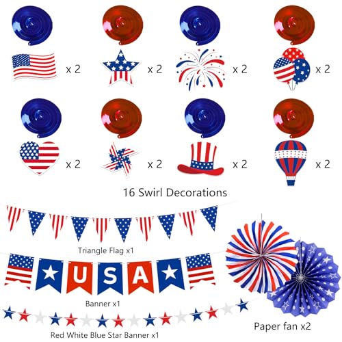 37 Pcs 4th of July Decorations Set - USA Banner, Paper Fans & Swirls