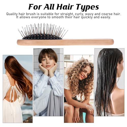 Portable Bamboo Hair Brush with Steel Bristles for Detangling