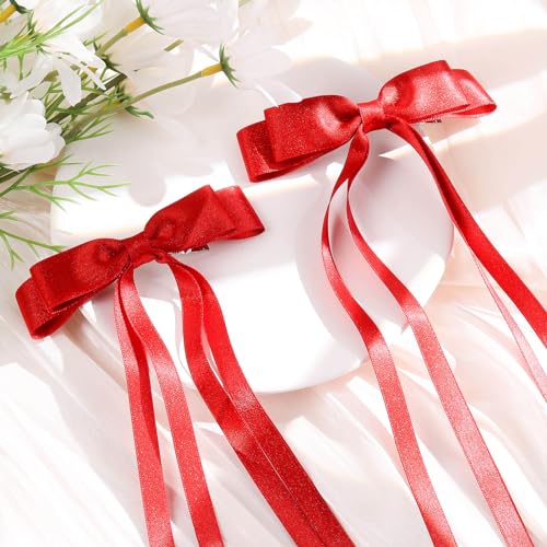 VOBOBE 2PCS Satin Glitter Hair Bows with Long Tails for Women & Girls