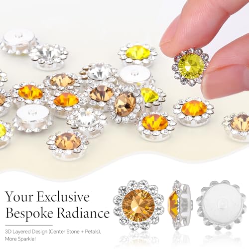200 Pcs 12mm Flower Sew-On Rhinestones, Mixed Colors Glass Crystal Embellishments with Metal Base for Sewing & Crafts