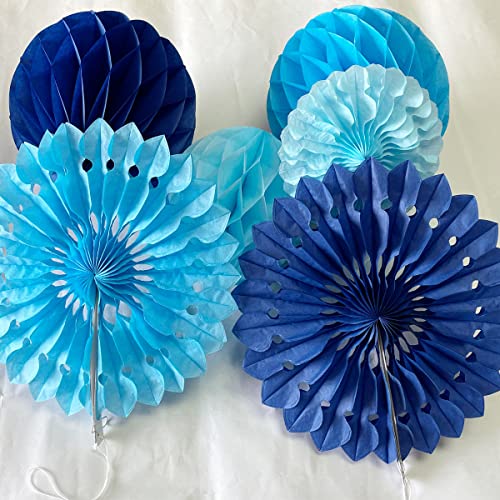 12pcs Blue Honeycomb Balls & Tissue Paper Fans for Parties