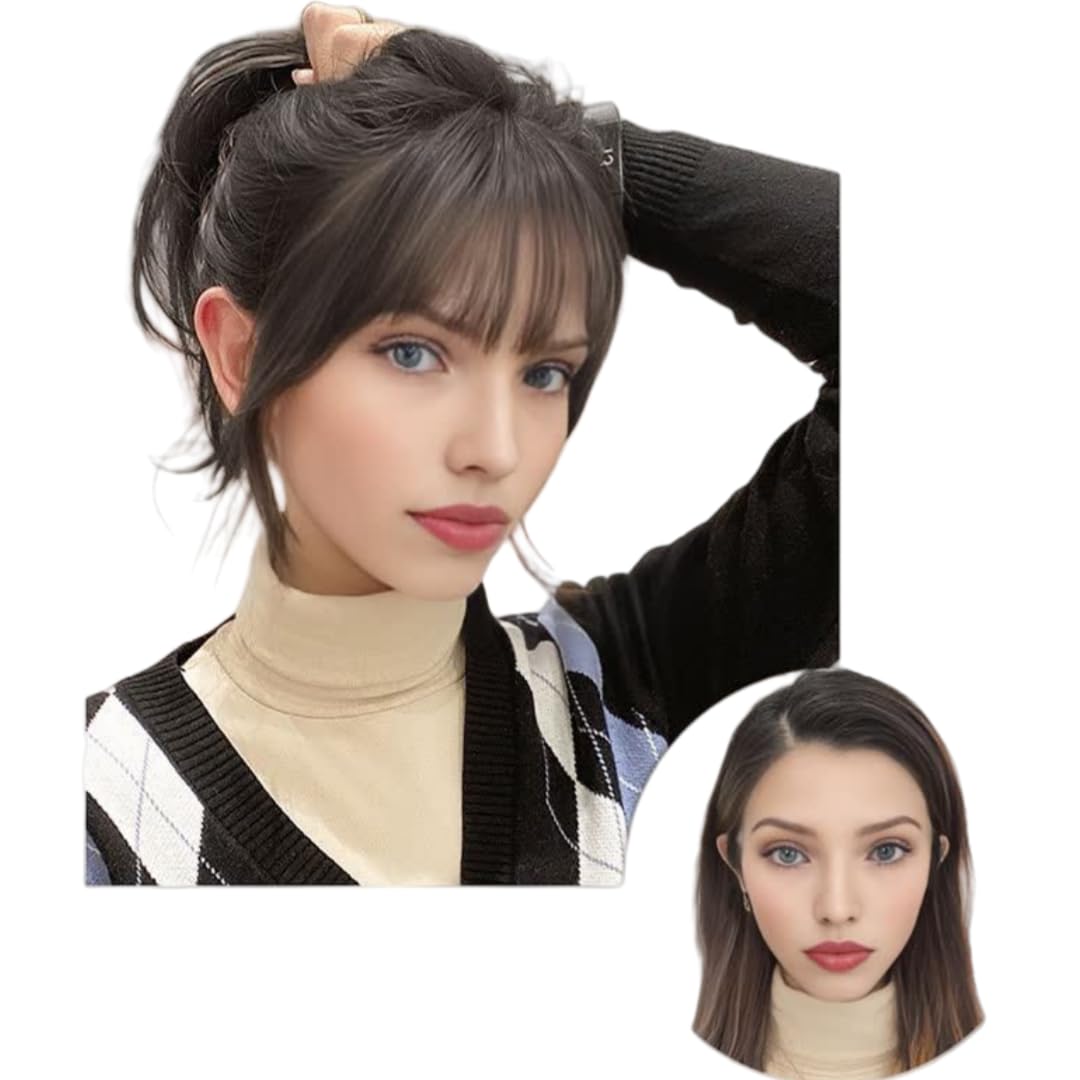 AYunhe Clip in Human Hair Bang with 3D Fringe, Lace Human Hair Topper for Women Middle Part Straight Hair Pieces Wiglets 25cm