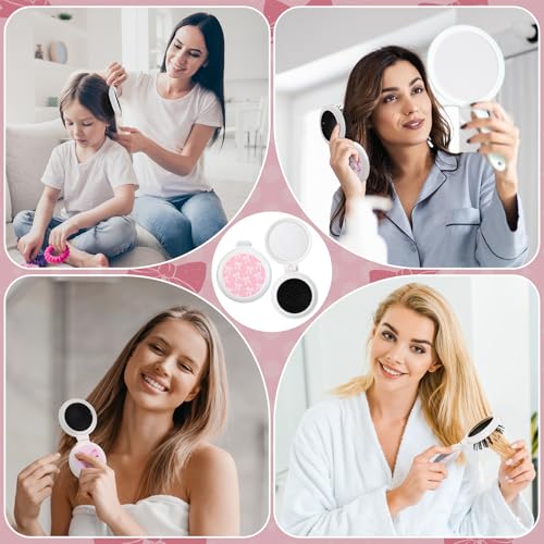 12 Pcs Pink Bow Folding Hair Brush with Mirror, Portable Travel Detangler