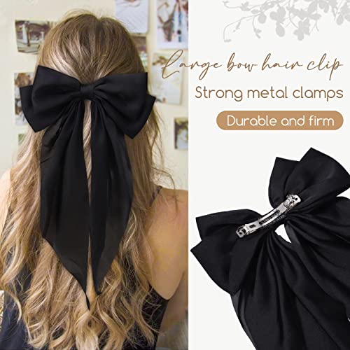 Large Satin Hair Bow Clip for Women - Black Ribbon Barrette