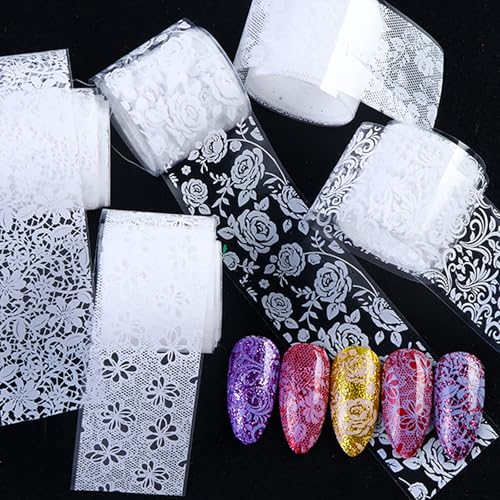 MOLILON 10 Rolls White Lace Nail Foil with Holographic Patterns