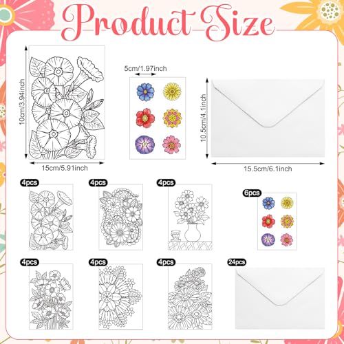 Gueevin 24-Piece Flower Coloring Greeting Cards Set with Envelopes
