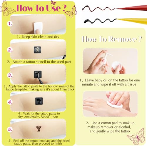 MuseLuxe 126 PCS Temporary Tattoos Stencils Kit,Temporary Tattoos Kit - 6 Pcs 2 Color(Brown Black) Ink with Gloves,DIY Body Art Painting for Women Men Adults Kids