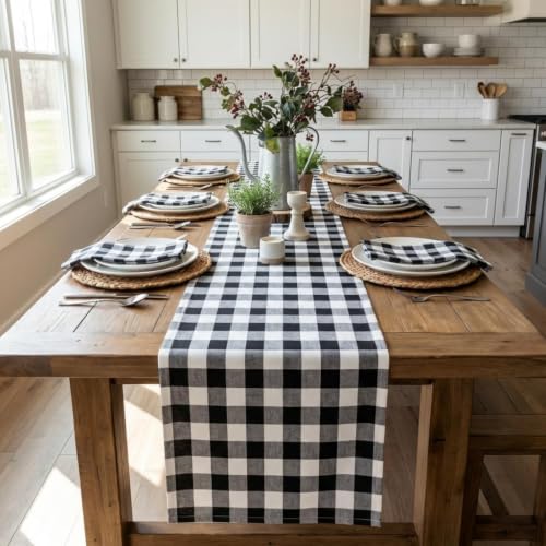 Black and White Checkered Table Runner - 13x108 Soft Cotton for Dining