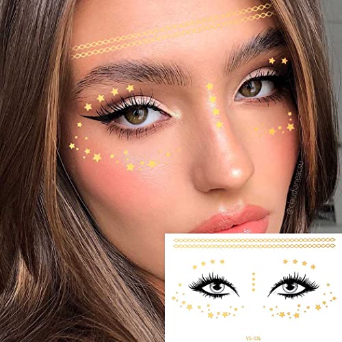 Uranian 2-Fantastic Gold & Metallic Face Tattoo Stickers for Women Carnival Halloween