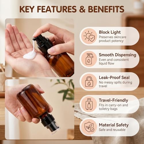 ASTRQLE 120ml Amber Plastic Travel Bottles with Pump Leak-Proof Lotion Dispenser - Set of 2