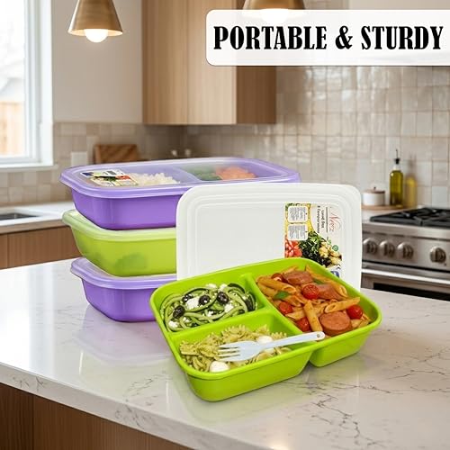 Neez 3-Compartment Lunch Containers - 48oz Bento Box Set for Adults