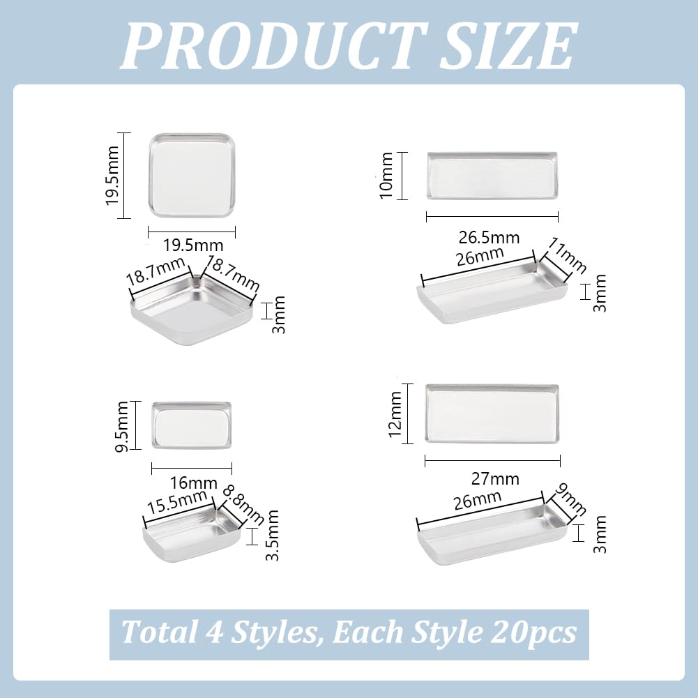 Empty Eyeshadow Pans - 80pcs Non-Magnetic Aluminum Mini Rectangle Palette for DIY Makeup | 16mm/19.5mm/26.5mm/27mm