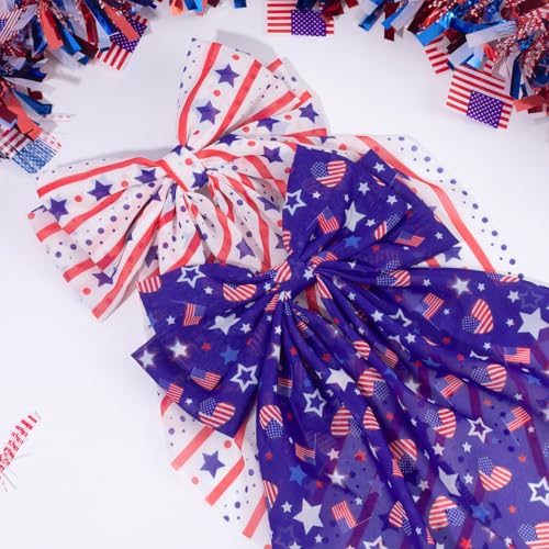 4th of July Hair Bows for Women & Girls - Red, White & Blue Satin Clips, Pack of 2, 11 Inch Length