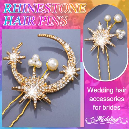 Gold Star Moon Hair Pins - Bridal Hair Accessories, Pack of 4