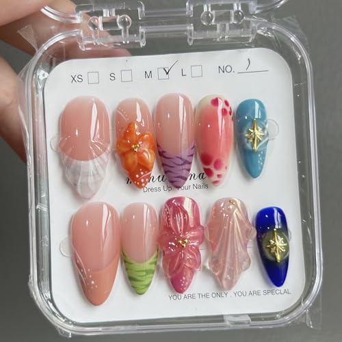 MAGLFELL Biaino Medium Almond Handmade Fake Nails - Artful 3D Acrylic & Gel False Nails, Reusable DIY Manicure Set