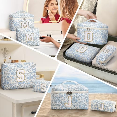 Tiblue Personalized Initial Quilted Makeup Bag Set - 3-Piece Cosmetic Organizer