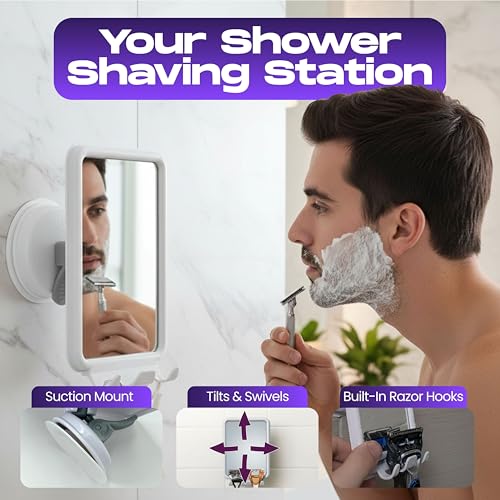 Fog-Free Shower Mirror with 360° Swivel & Razor Hooks - 4.5x6 in
