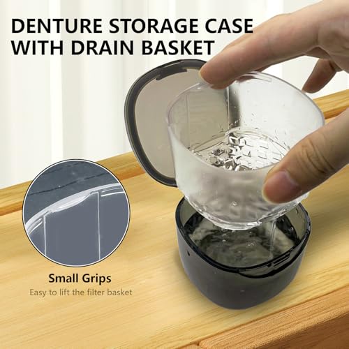 EZEELAI Transparent Black Denture Case – No-Leak Cleaning & Soaking Cup with Brush