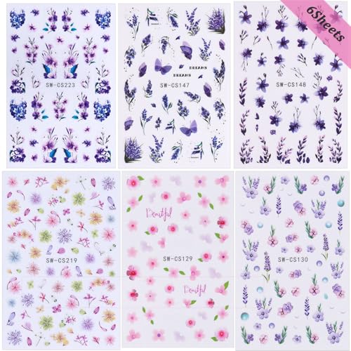 TANYOOTO 3D Flower Nail Art Stickers Mix - Spring Petal Decals, 6 Sheets (3D Flowers02)