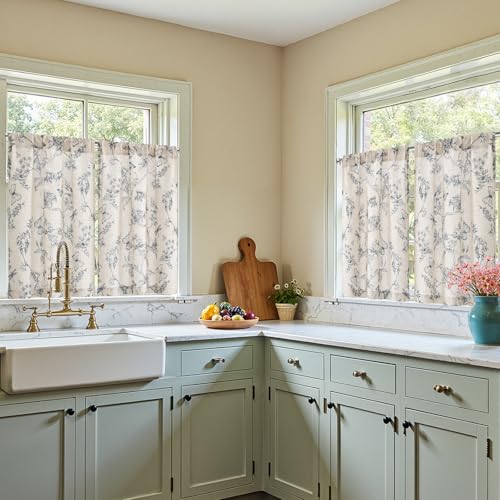 Floral Linen Blend Cafe Curtains 36 Inch - 2 Panels Blue