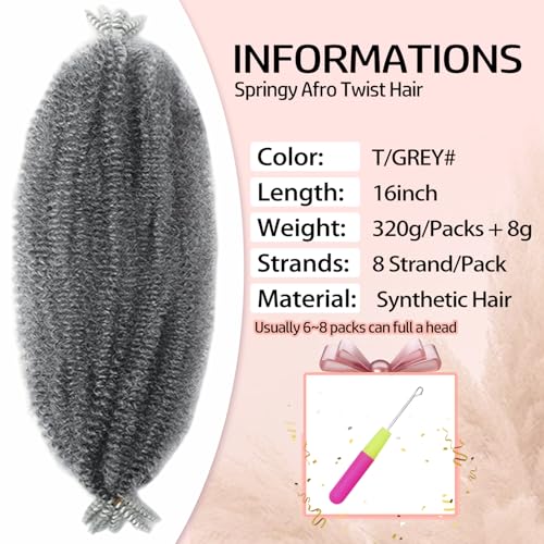 MCNJM 16 Inch Grey Afro Twist Hair Pre-Fluffed Spring Twist Extensions Pack of 8