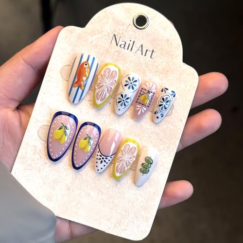24Pcs Almond Press on Nails - Cute French Tips Manicure Set