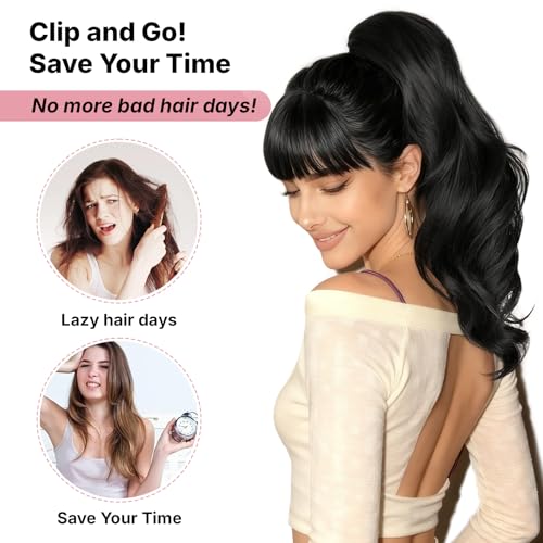 18" Natural Black Ponytail Extension Clip In for Women - Long Wavy