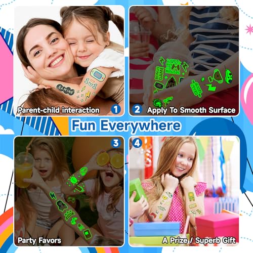 EMOME 140 Styles Luminous Temporary Tattoos for Kids – Video Game Party Favors (12 sheets)