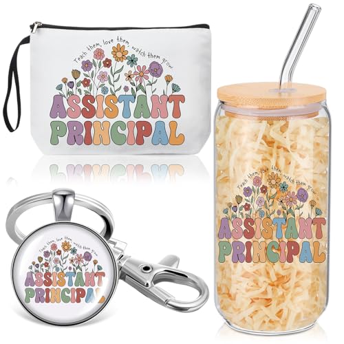 Assistant Principal Appreciation Gift Set - 17 oz Glass Cup, Makeup Bag & Keychain for School Leaders