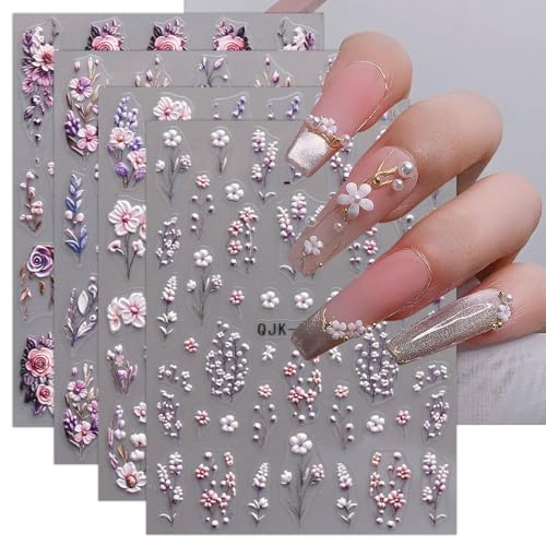 JMEOWIO 3D Floral Nail Art Stickers - Self-Adhesive Decals, 4 Sheets