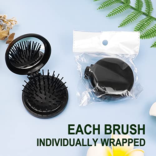 20 Pack Folding Travel Hair Brushes with Mirrors - Black, Compact & Detangling