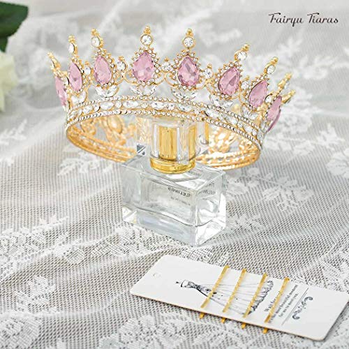 Foyte Pink Baroque Queen Crown Tiara for Wedding Brides Headpiece Rhinestone