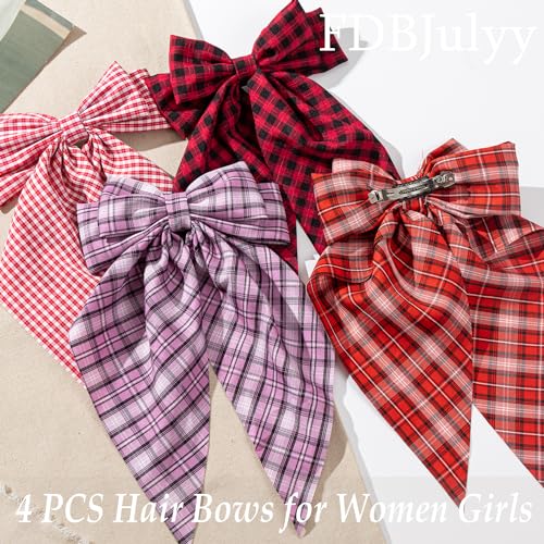 FDBJulyy 4 Pcs Hair Bows for Women & Girls - Red, Wine, Purple & Checkerboard Red