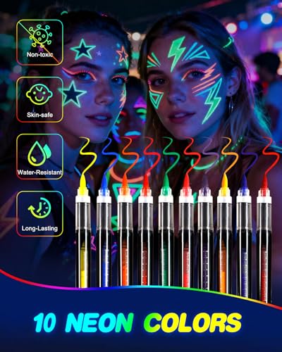 Oiomniv Glow in The Dark Face Paint Markers - 10 Multicolor Neon Pens