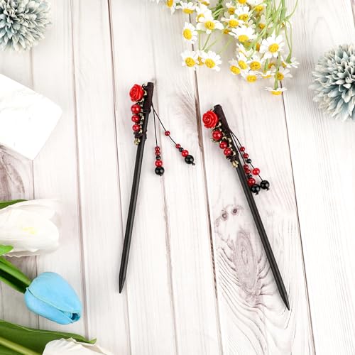 2 Pack Retro Chinese Hair Sticks with Red Flower Design