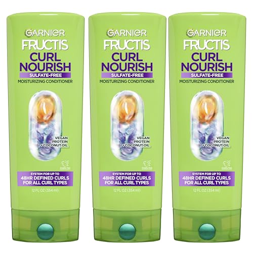 Garnier Fructis Curl Nourish Conditioner 12 Fl Oz (Pack of 3) - Sulfate Free, Vegan, Coconut Oil & Plant Protein