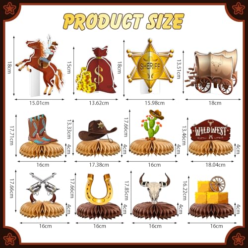 12-Piece Cowboy Party Decorations - Wild West Honeycomb Centerpieces