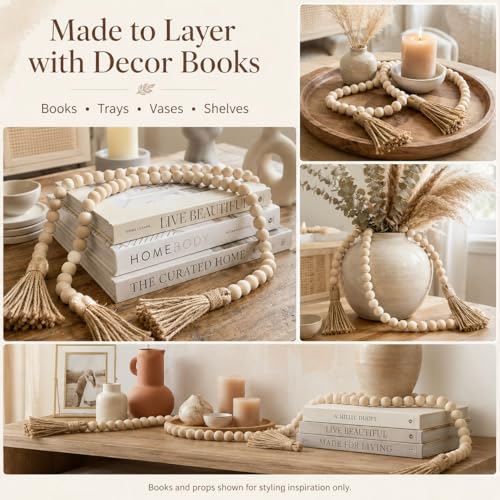 58-Inch Farmhouse Wood Bead Garland with Jute Tassels
