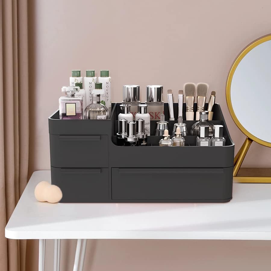 Makeup Organizer - Stackable Vanity Storage Box for Cosmetics & Jewelry | Black Drawer Tray