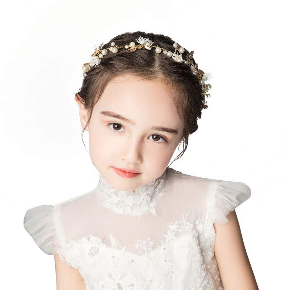 Flower Girl Headpiece White Little Daisy Gold Leaf Faux Pearls Rhinestone Floral Leaves Hair Accessories Girls Bridal Party Wedding