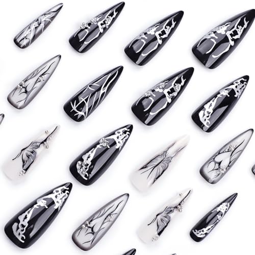 MISUD Long Stiletto Press-On Nails Black Butterfly Gothic Design 24 pcs - Variation 06103-01-01Black