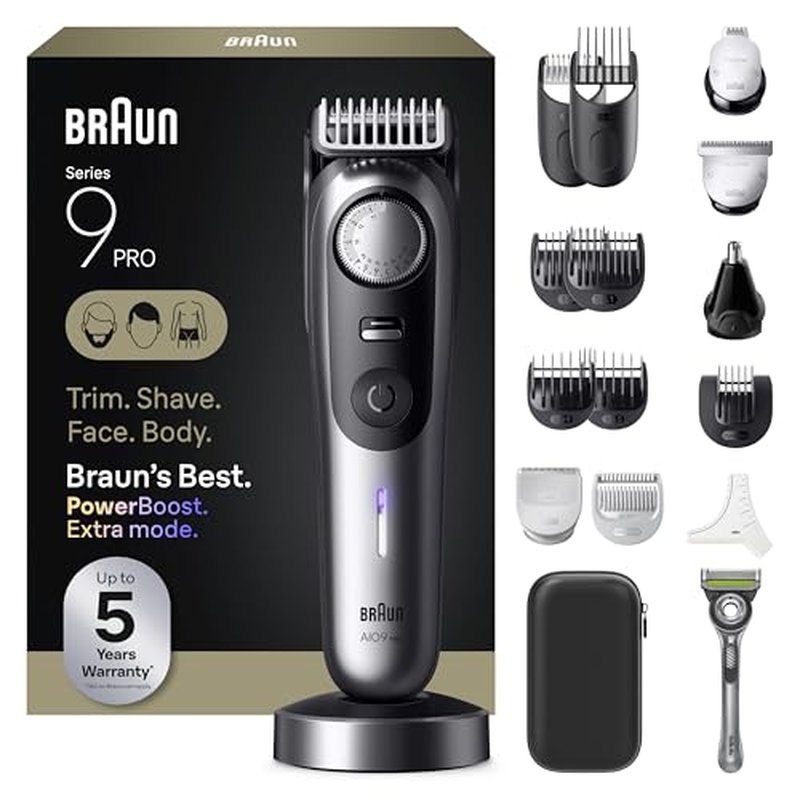 Braun All-in-One Series 9 PRO Men's Electric Beard Trimmer, Hair Clipper, Shaver & Razor for Face, Hair & Body, AIO 9570 with Gillette Labs Razor, Cordless