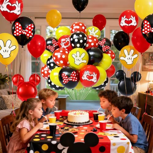 64 Pcs Cartoon Themed Black Red Yellow Balloons - 12 Inch Party Decor