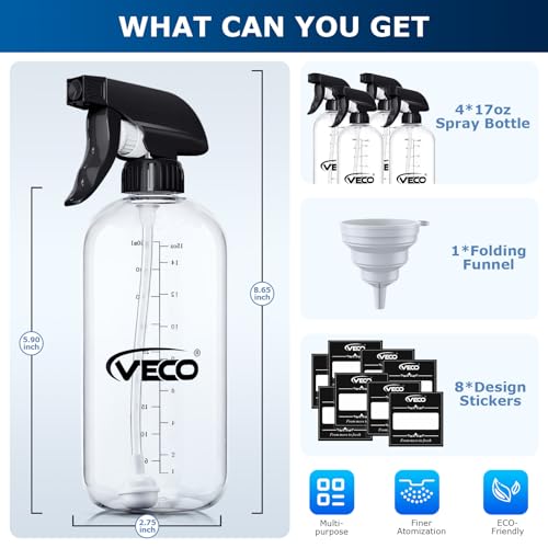 Veco 500mL (17oz) Graduated Spray Bottles, 4-Pack ? 360¡Æ Any-Angle Spraying for Easy Dilution, Leak-Resistant spray bottles for Cleaning, Plants, Hair & Pet Use + Foldable Funnel