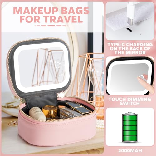 Pink Mini Makeup Bag with LED Mirror, Travel Cosmetic Organizer with 3 Light Modes