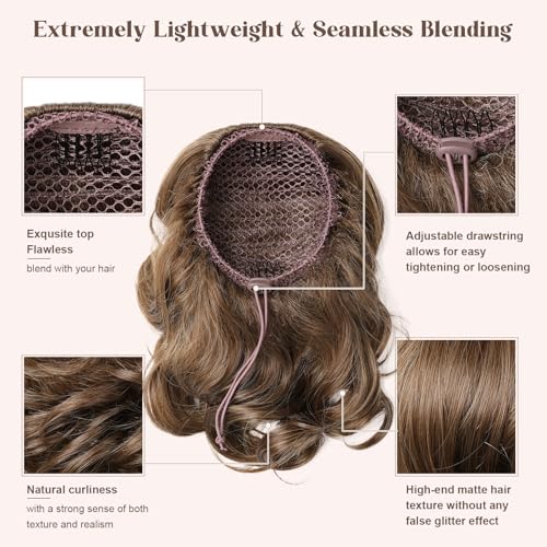 Flufymooz 8-Inch Light Brown Curly Drawstring Ponytail Extension