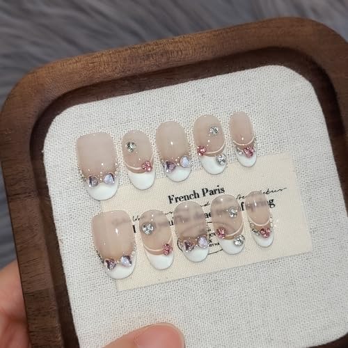 TENPAL Handmade Press On Nails Kit - Milky Pink Hearts & Bow (M)