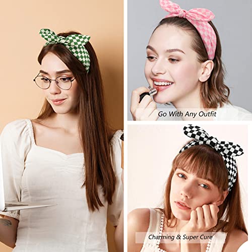 Buffalo Plaid Bunny Ears Headbands - 6 Pack Knotted Hair Accessories